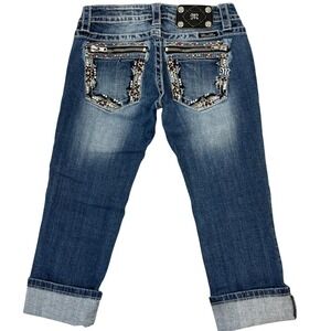 Miss Me Y2K Low-Rise Cuffed Capri Jeans 25" Blue Embellished Rhinestone McBling